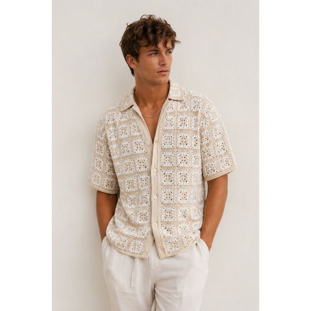 Sandstone Crochet Knit Cardigan Sweater Men’s L Beige White Resort Shirt NWT